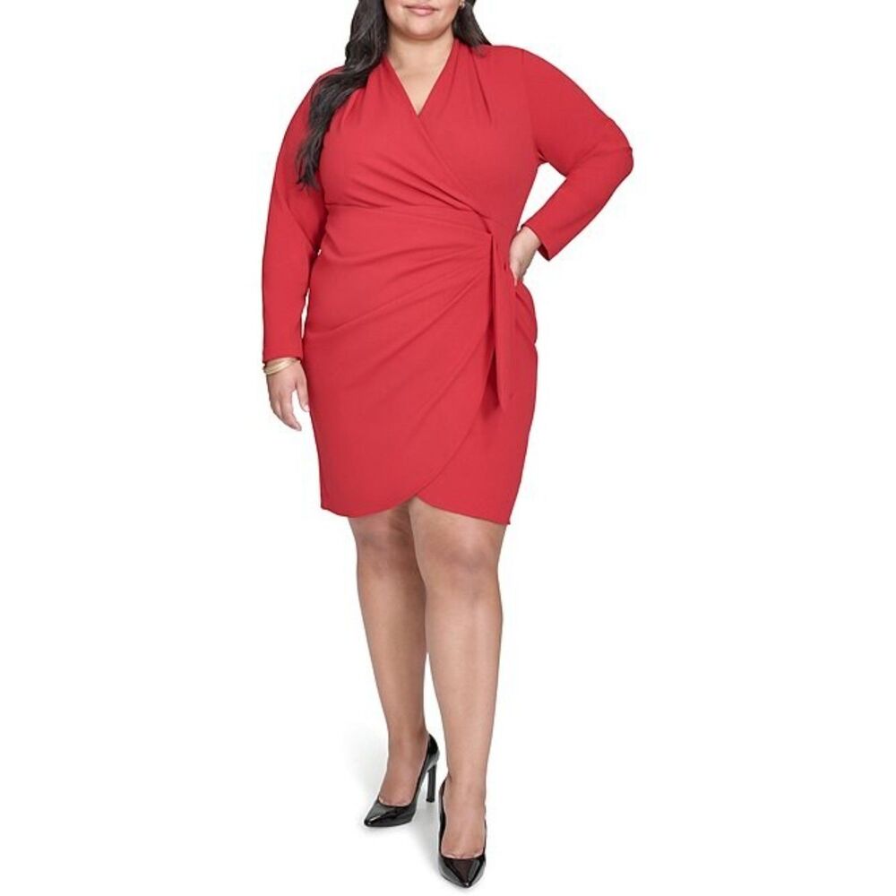 NEW NWT Red Plus Sz 22 Church Office Stretchy Mock Wrap Knee Length Dress DKNY